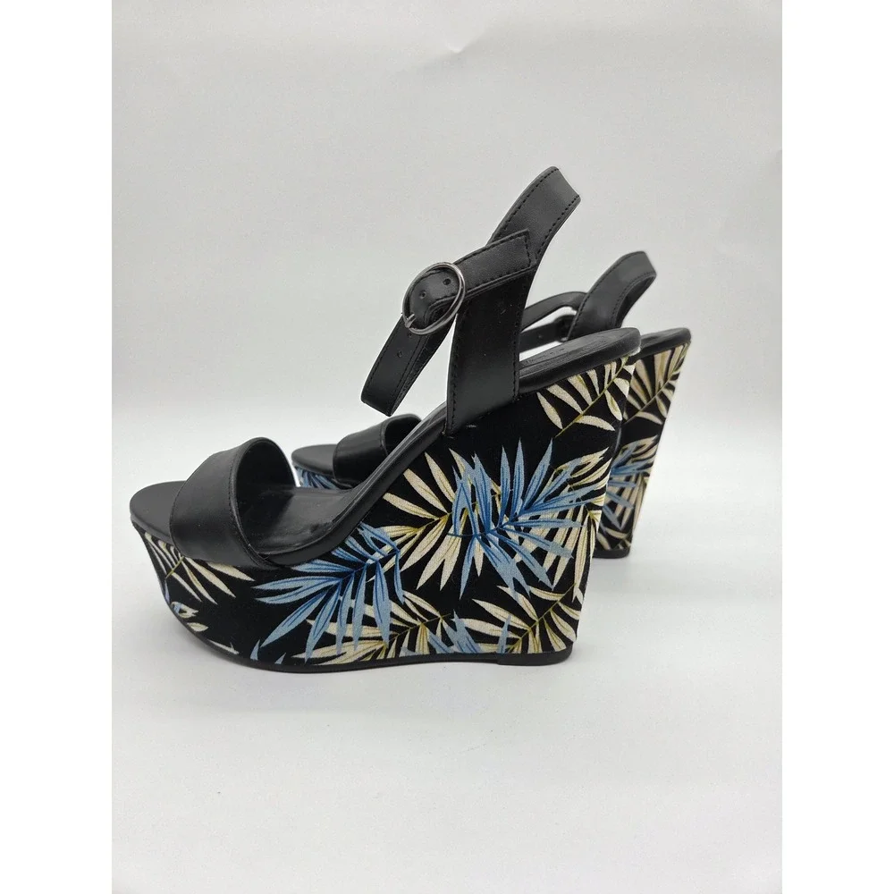 Charlotte Russe‎ Wedge Sandals 7 Black Womens Tropical Palm Leaf Platform Heels